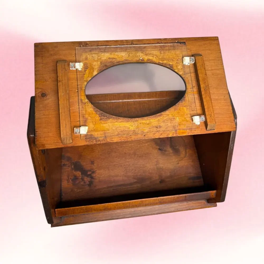 Vintage Wood Bread Box Oval Glass Window Strap Hinges Farmhouse Primitive